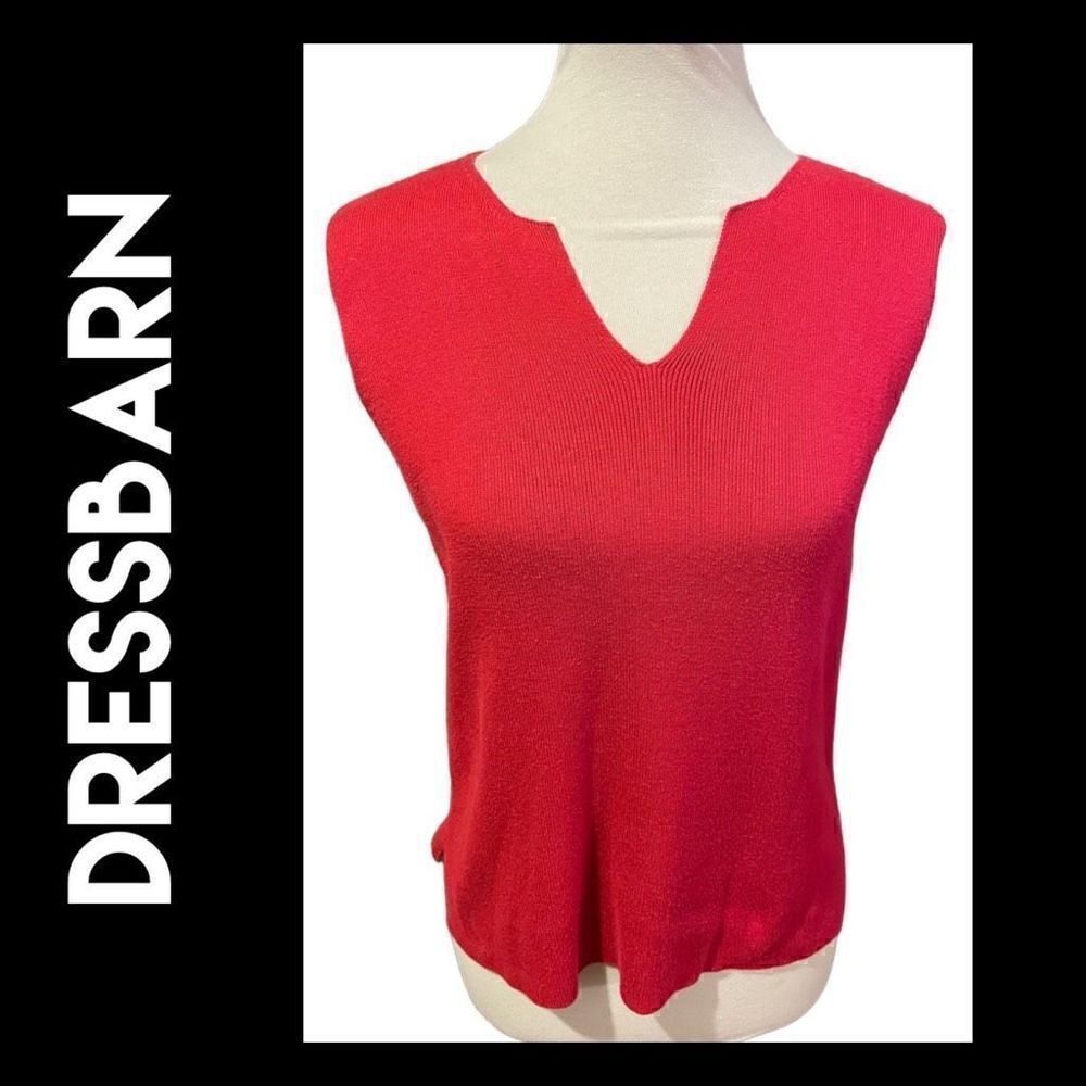 Dressbarn Women's V Neck Sweater Top Cap Sleeve Acrylic Cotton Ribbed Red Medium